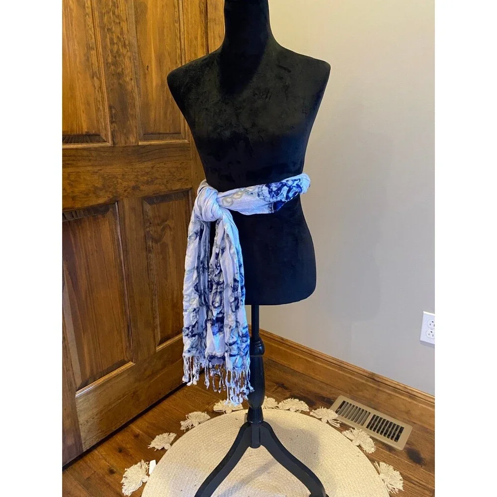 White Scarf with Blue & Navy Design w/ Fringed‎ Ends